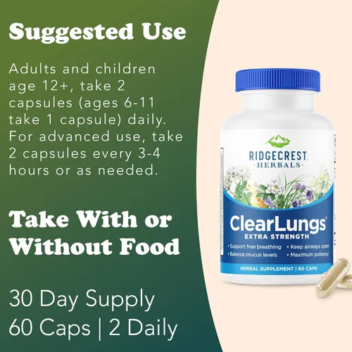 Vista 4 de RidgeCrest Herbals ClearLungs Extra Strength, suplemento de salud diaria, fórmula natural de bienestar pulmonar y nasal para apoyo bronquial