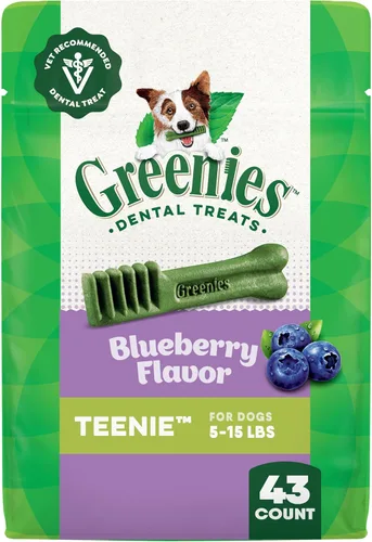 Greenies Golosinas dentales naturales para perros adultos recomendadas por veterinarios, tamaño Teenie, sabor a arándano azul, paquete de 12 oz., 43