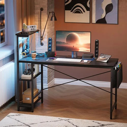 Vista 107 de Bestier Escritorio para juegos con tomas de corriente, escritorio LED grande de 61 pulgadas con estantes reversibles de 4 niveles, mesa