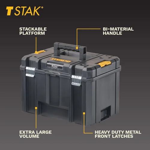 Vista 2 de Caja de herramientas DEWALT TSTAK, diseño extra grande, bandeja extraíble para fácil acceso a las herramientas, resistente al agua y a los escombros