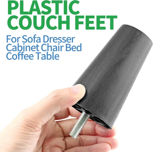 Vista 6 de 4 patas de sofá negras, patas cónicas de muebles de 4 pulgadas, patas de sofá de plástico con pernos de suspensión M8 para sofá, tocador, armario