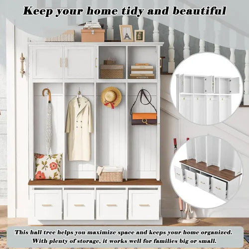Vista 4 de JIVOIT Farmhouse Wood Hall Tree with Coat Hooks, Cabinets, 4 Drawers, Hooks (Ancient White/ 091)