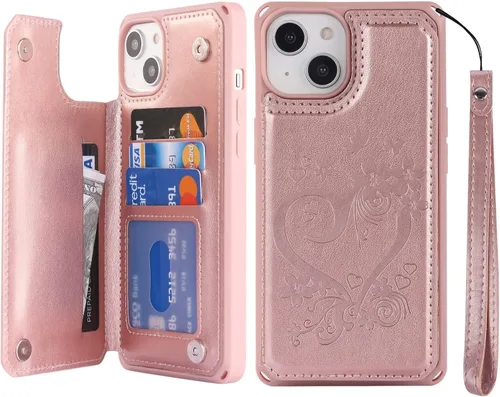 Vista 18 de iCoverCase Funda compatible con iPhone 14 Plus con tarjetero para mujer, bloqueo RFID en relieve, piel sintética con correa de muñeca de 6.7