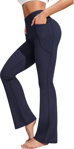 Pinspark Pantalones de yoga acampanados para mujer, leggings acanalados con corte de bota, cintura alta, pantalones de entrenamiento con bolsillos