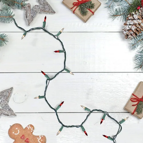 Vista 2 de Juego de mini luces navideñas transparentes y rojas, 35 unidades, cable verde de 7 pies