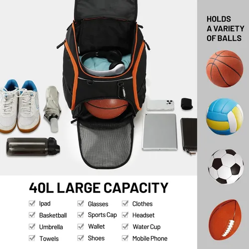 Vista 7 de MIER Gym Backpack 40L Basketball Backpack with Ball Compartment & Shoes Storage Multi-Functional Sports Soccer Bag Large Equipment Back Pack