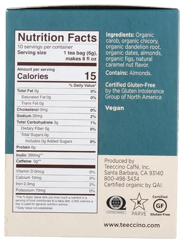 Vista 2 de Teeccino Dandelion Caramel Nut Tea - Caffeine Free, Roasted Herbal Tea with Prebiotics, 3x More Herbs than Regular Tea Bags, Gluten Free - 10 Tea