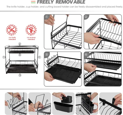 Vista 7 de Zvonema Escurridor de platos grande, 2 niveles para encimera de cocina, escurridor de platos de acero inoxidable con escurridor y soporte extraíble
