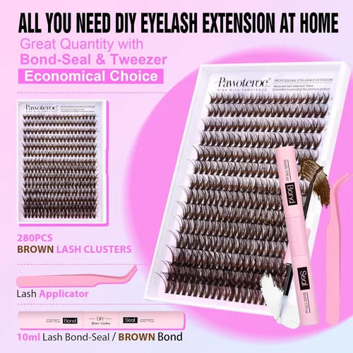 Vista 2 de Kit de extensión de pestañas Pawotence DIY 280 piezas, racimos de pestañas marrones, kit de extensión de pestañas individuales 40D 9-16mm