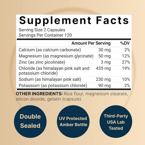 Vista 2 de Píldoras avanzadas de electrolitos, 240 cápsulas Píldoras de sal con electrolitos para una hidratación en ayunas Fabricado con sal rosa