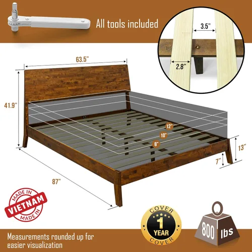 Vista 2 de Acacia Serenity - Base de cama con cabecero de madera maciza, base de cama Queen, cabecera alta de madera compatible con todo tipo de colchones,