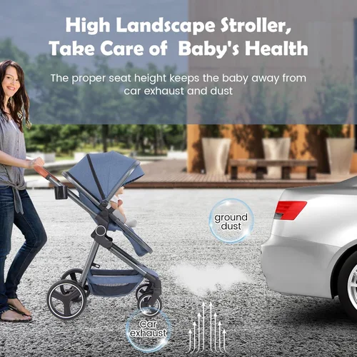 Vista 9 de INFANS Cochecito de bebé 2 en 1, cuna convertible para recién nacido, plegable, alta absorción de impactos con asiento reversible, estructura