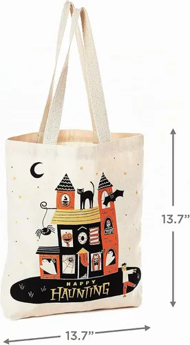 Vista 3 de Hallmark 13" Large Halloween Tote Bag (Haunted House) Reusable Canvas Bag for Trick or Treating, Grocery Shopping and More
