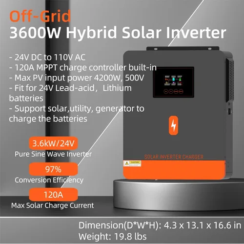 Vista 2 de PowMr Inversor solar de 3600 W, 24 V CC a 110 V CA, inversor de corriente de onda sinusoidal pura con controlador MPPT de 120 A y cargador de CA