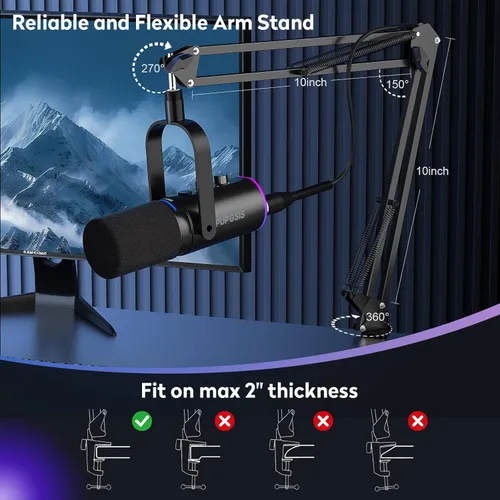 Vista 7 de Micrófono de podcast XLR/USB, micrófono para juegos con botón de silencio, efectos de reverberación, cancelación de ruido, soporte de brazo