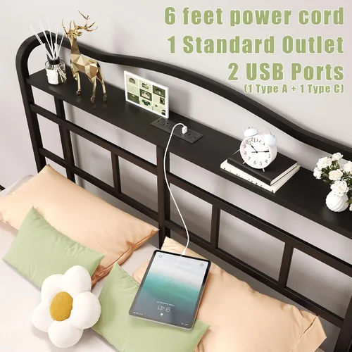 Vista 3 de SHOANED Base de cama de metal de 18 pulgadas, base de colchón básica de plataforma resistente de color negro con cabecera y estación de carga,
