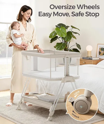 Vista 3 de Fodoss Cuna para bebé, cuna para bebé con ruedas, cuna de malla con cesta de almacenamiento, altura ajustable