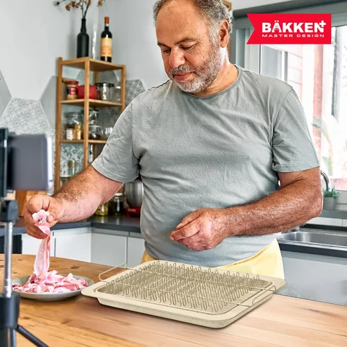 Vista 7 de Bandeja de tocino - Juego de 2 piezas – Revestimiento de mármol – Bandeja de cocina duradera y antiadherente para tocino – Bandeja de piedra blanca