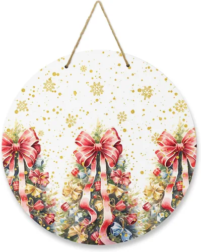 Seasonal Front Door Welcome Sign, Merry Christmas Gold Snowflake Watercolor Bow Round Wood Wreaths Wall Hanging Sign for Outdoor Porch Wall