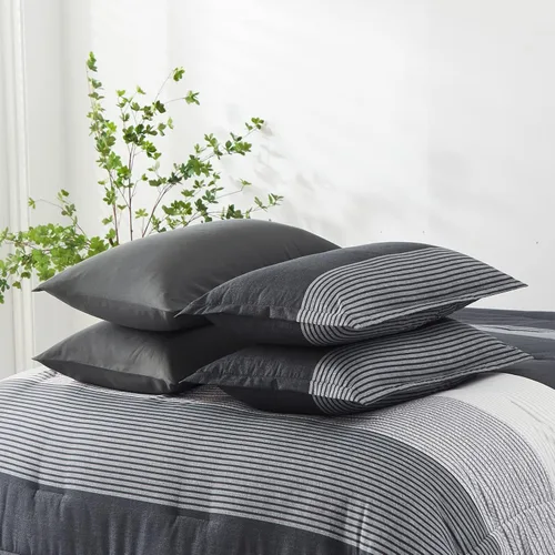 Vista 5 de Anibedding - Juego de 7 piezas cama en una bolsa, edredón negro y gris tamaño full, juego de edredón de microfibra a rayas ligeras para dormitorio