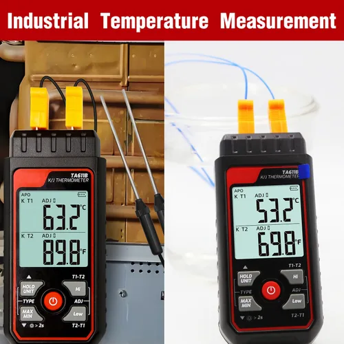 Vista 7 de Termómetro de termopar digital de doble canal tipo K/J -328 ~ 2501℉ Medidor de temperatura HVAC con 4 sondas de termopar tipo k, alarma