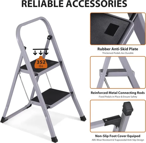 Vista 3 de ZENY Taburete plegable de escalera de 2 escalones con pedal antideslizante ancho, mango conveniente, taburete de acero portátil, escalera de acero