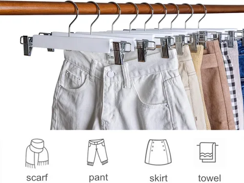 Vista 7 de Amber Home Paquete de 10 perchas de madera blanca sólida de 14.17 pulgadas para pantalones y jeans, con 2 clips ajustables antioxidantes