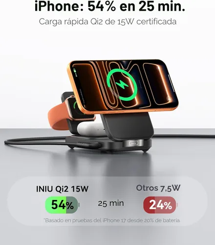 Vista 2 de INIU Estación de carga inalámbrica 3 en 1, cargador de viaje certificado Qi2 de 15W para múltiples dispositivos Apple, soporte de cargador