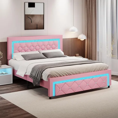 Vista 3 de BarnFurin Base de cama Queen con luces LED, plataforma tapizada con cabecera capitonada de diamante, no necesita somier, sin ruido, fácil montaje