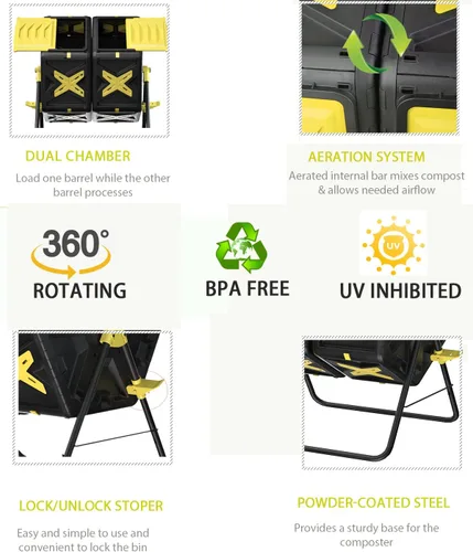 Vista 3 de 2 contenedores de compostaje de doble cámara de 18.5 galones de material libre de BPA, compostadores de cámara giratoria para exteriores