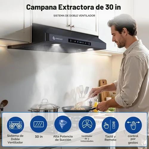 Vista 2 de AMZCHEF Campana extractora de acero inoxidable de 30 pulgadas, ventilador Negro