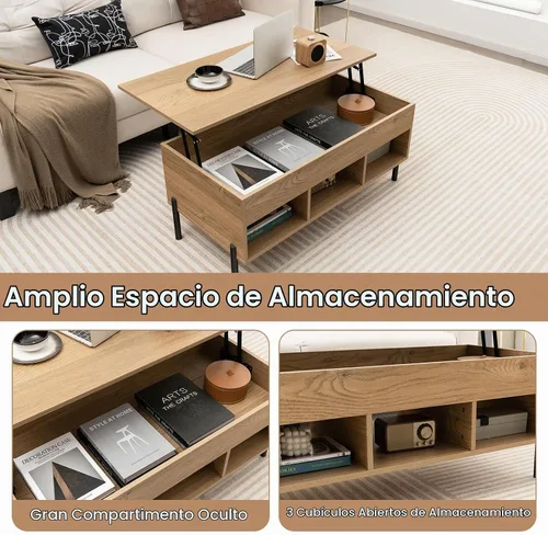 Vista 6 de GIANTEX - Mesa auxiliar rectangular de madera con compartimento oculto y estantes de almacenamiento abiertos, mesa central moderna multifuncional