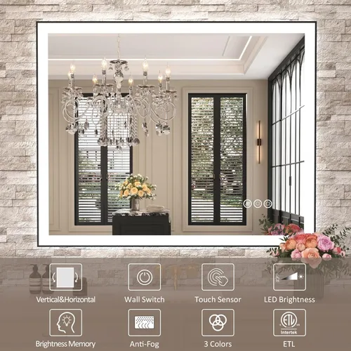 Vista 8 de Amorho Espejo de baño LED de 40 x 36 pulgadas con marco negro, luz frontal y retroiluminación (controlado por separado), regulable continuo