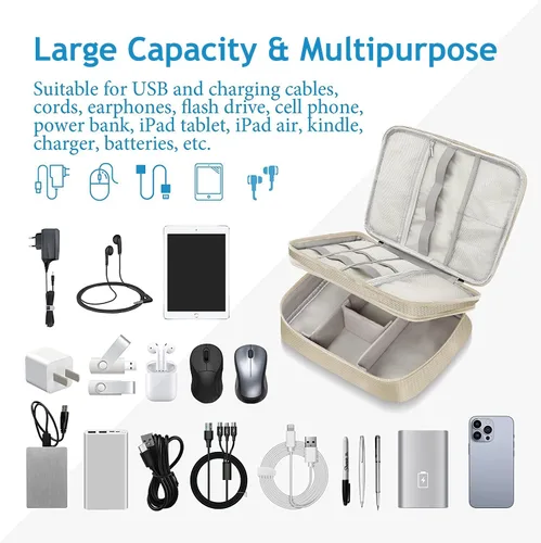 Vista 6 de Organizador de viaje para electrónica, bolsa organizadora de cables de doble capa, impermeable, bolsa de almacenamiento de accesorios electrónicos