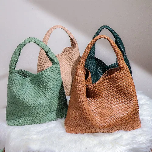 Vista 2 de Bolsos de cuero para mujer, bolsos de hombro de moda, bolso de mano tejido, bolso de mano con asa superior, bolsas de cubo
