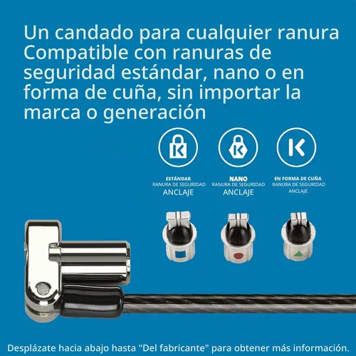 Vista 2 de Kensington Cable de bloqueo universal 3 en 1 para laptop, cerradura con llave de seguridad informática, barra en T, nano, en forma de cuña (K62318WW)