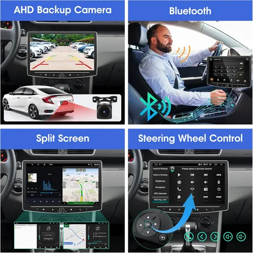 Vista 5 de [2G+64G] 10 pulgadas Android 13 pantalla táctil DIN simple coche estéreo giratorio Carplay Radio con cable/inalámbrico Carplay y Android Auto