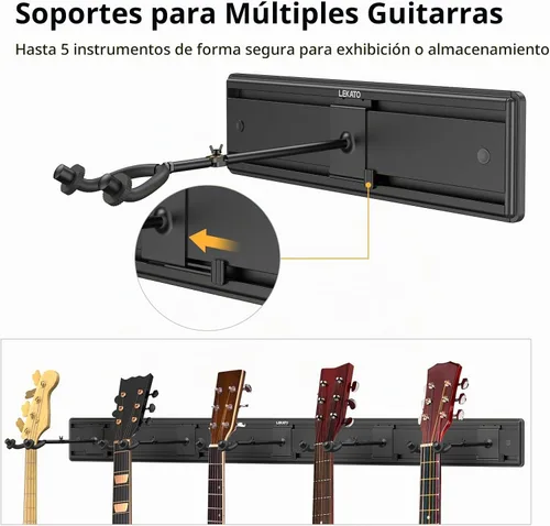 Vista 2 de LEKATO Soporte de pared para guitarra para múltiples guitarras, 5 perchas ajustables, soporte de pared para guitarra, clips fijos, soporte