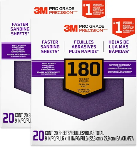3M 26180CP-P-G 180 Grit Pro Grade No-Slip Grip Advanced Sandpaper (20 Pack), 9 x 11, Purple, 2-Pack