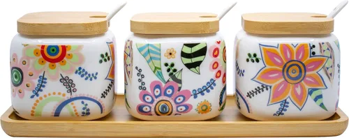Vista 7 de Juego de 3 tarros de especias de cerámica blanca impresa con cucharas y tapas de bambú y bandeja (floral abstracto)