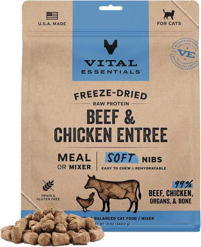 Vital Essentials Comida para Gatos de Carne de Res y Pollo Cruda Liofilizada en Trocitos Suaves - Comida o Mezclador | 99% Carne de Res, Pollo,