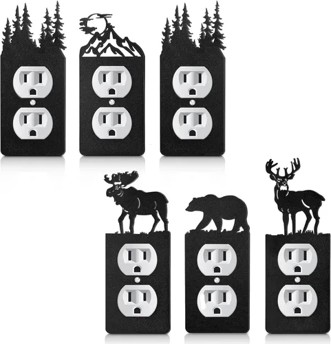 Vista 7 de Lothee 6 piezas de placa de metal para interruptor de luz de oso, alce, árbol, montaña, alce, bosque, placa de salida, cubierta de pared