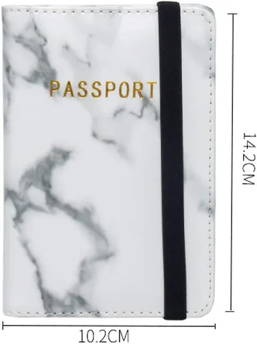 Vista 2 de Funda para pasaporte de mármol de piel sintética con bolsillo de almacenamiento organizador de tarjetas, Blanco, Cartera de viaje