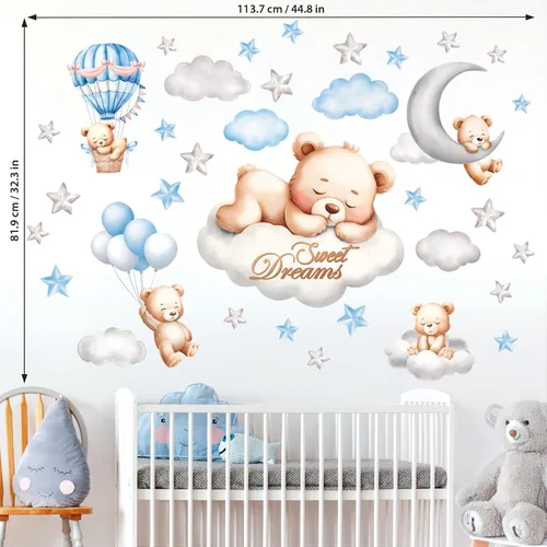 Vista 6 de DECOWALL SG2-2407 Pegatinas de pared con diseño de oso de sueño dulce, calcomanías para decoración de habitación de bebé, cuarto de bebé, niño