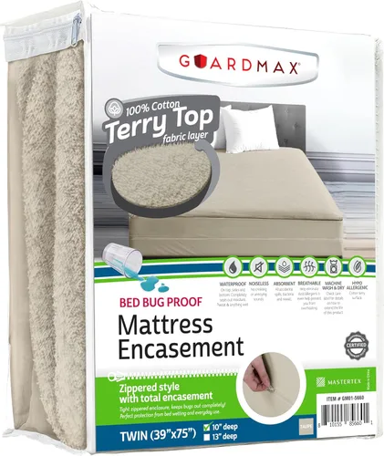 Vista 34 de Guardmax Funda de colchón individual con cremallera, protector de colchón 100% impermeable, suave y absorbente de algodón de rizo superior