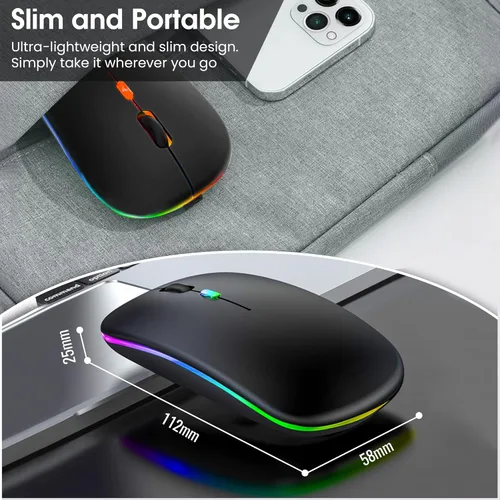 Vista 7 de Ratón inalámbrico LED, mouse silencioso inalámbrico recargable delgado, 2.4G, portátil, USB, inalámbrico, inalámbrico, con receptor USB para laptop