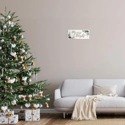 Vista 2 de Stupell Industries Merry and Bright - Letrero de invierno festivo de campo, 7 x 17, blanco roto