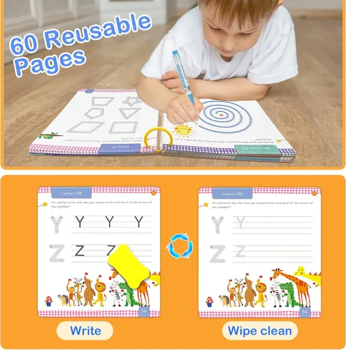 Vista 5 de Actividades de Aprendizaje Preescolar 60 Páginas Reutilizables, Libro de Práctica de Escritura de Letras y Números para Niños, Juguetes