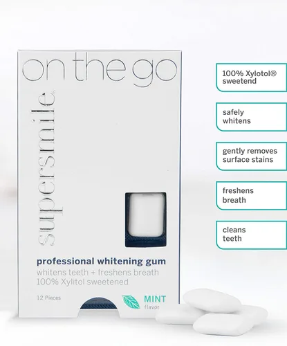 Vista 4 de Supersmile Goma de mascar profesional blanqueadora de dientes, fórmula endulzada con xilitol 100% que elimina las manchas del café, sin azúcar