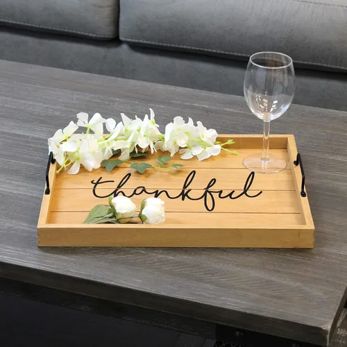 Vista 55 de Elegant Designs HG2013-GYS - Bandeja decorativa redonda de madera de 13.75" con asas, Bendecida y nunca estresada, gris